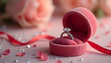 Elegant diamond engagement ring in a pink velvet box with rose petals and ribbon, perfect for romantic proposals and special occasions