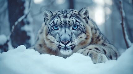 Obraz premium Snow leopard lying low in deep snow, with intense blue eyes and sharp focus in a dense snowy forest during winter.