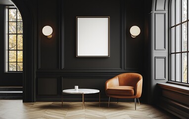 Fototapeta premium Elegant dark room with leather armchair, round table, and blank frame.