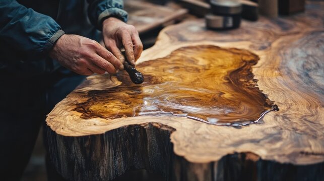 Artisan Craftsman Applying Finishing Polish to a Live Edge Wooden Table
