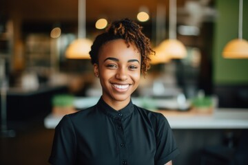 Fototapeta premium Smiling portrait of a young female African American waitress in cafe