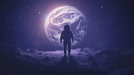 Astronaut silhouette walking towards glowing earth in space with stars and a rocky surface. Shadowfern. Illustration