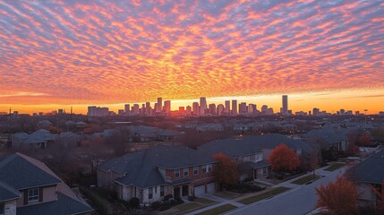 Sunrise over city skyline, suburban homes, fiery clouds