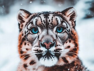 Fototapeta premium Portrait of a snow leopard in a snowy environment, showcasing its piercing blue eyes and intricate fur details against a soft blurred background.