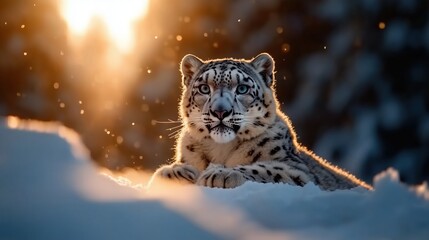 Obraz premium Snow leopard resting in a snowy landscape during sunset with golden sunlight casting a warm glow on its fur, highlighting the animal's distinctive markings and piercing blue eyes.