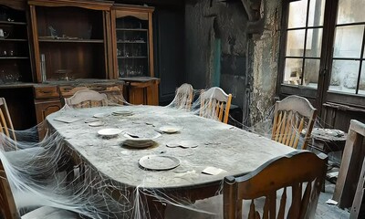 Abandoned Dining Room with Dusty Table and Cobwebs in an Old House, Evoking a Sense of Mystery and Nostalgia in a Neglected Environment with ai generated. - Powered by Adobe