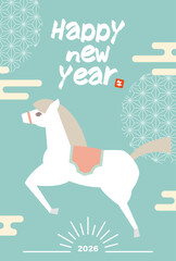縦型午年年賀状ベクターイラスト 和風 和柄 かわいい シンプル 白馬 2026年 