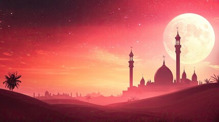 Night mosque desert landscape, full moon, stars, peaceful scene, ideal for Ramadan