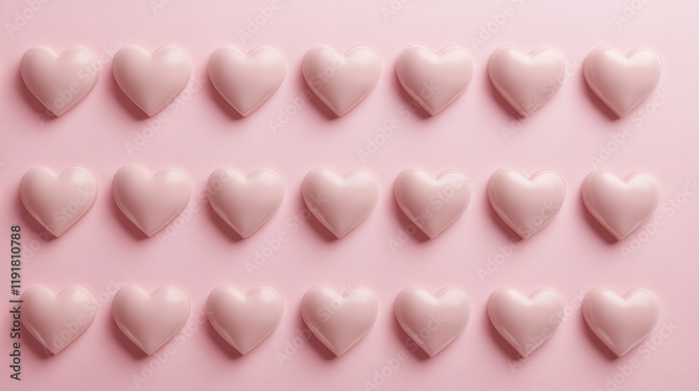 Poster many small pink hearts are arranged in perfect rows on a pink background, creating a romantic and lo