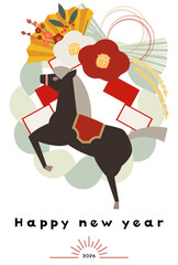 縦型午年年賀状ベクターイラスト 和風 和柄 かわいい シンプル 黒馬 2026年 