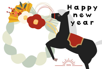 写真フレーム付き2026年午年年賀状ベクターイラスト フォトフレーム しめ飾り 正月飾り 白背景