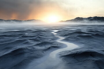 Fototapeta premium Melting Polar Ice Field with Streams of Water Under a Stunning Sunrise