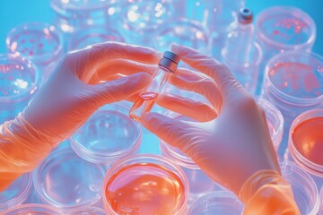 A close-up of the hands and gloves of a scientific laboratory worker, who is holding up one vial from many on top of a table full of clear plastic Petri dishes filled with liquid