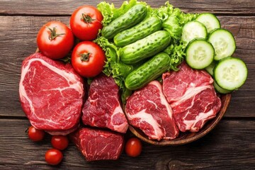 Fresh Vegetables and Meat Arrangement on a Wooden Table
