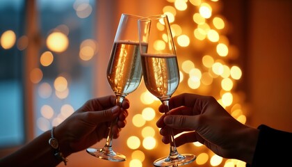 Two hands hold champagne glasses clinking together. Celebration moment with golden bokeh background. Festive, warm atmosphere. Elegant occasion. Joyful togetherness. Luxurious, present. Likely party