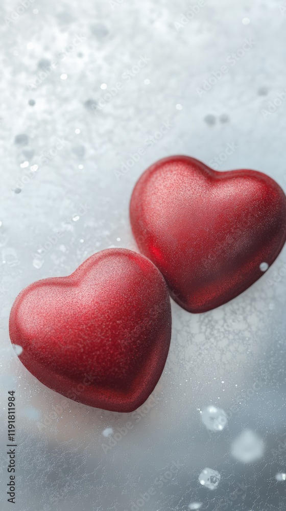 Aufkleber two textured red hearts lying on a sparkling silver background create a romantic atmosphere perfect 