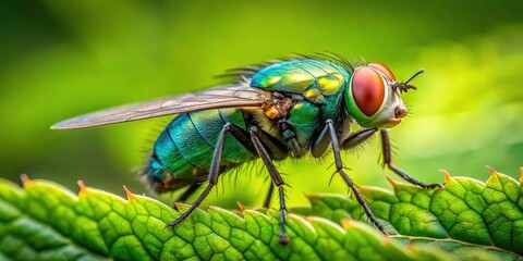 House Fly Macro Photography, Green Leaf Insect Closeup, Nature Wildlife Photo, Detailed Fly on Foliage