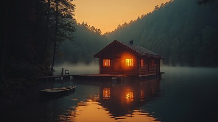 Fototapeta premium Lakeside cabin sunset, foggy mountains, tranquility