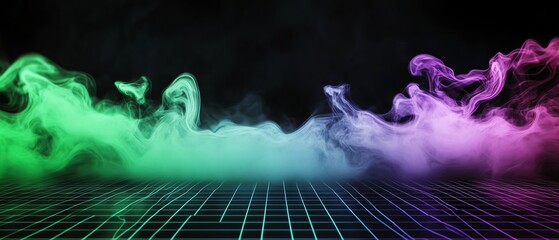 Complex smoke patterns resembling fractals, glowing against a retro sci-fi grid background in neon green and purple hues
