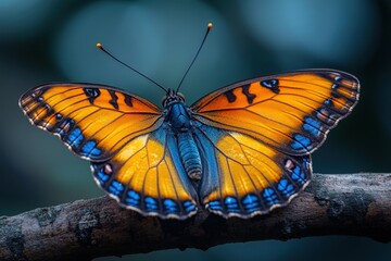 Vibrant orange butterfly, blue accents, rests on branch.