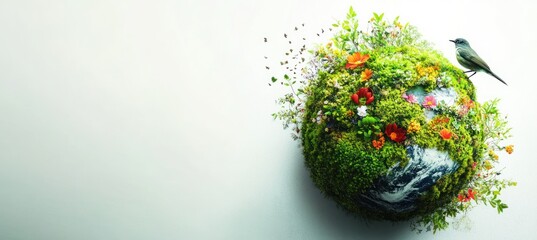 A creative Earth Day concept banner featuring a green planet covered in lush vegetation, blooming flowers, and intricate natural textures.