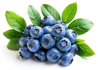 Juicy Blueberries: Ripe Branch, Fresh Green Leaves, Isolated White Background Stock Photo