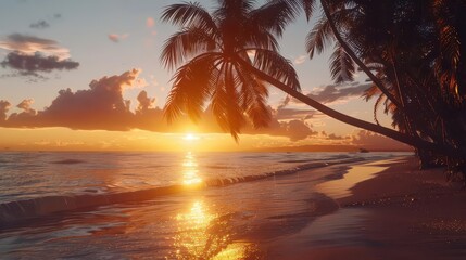 A serene beach at sunset with palm trees and gentle waves reflecting golden light.