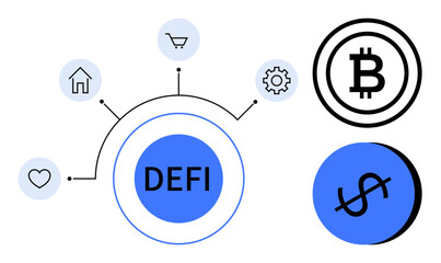 Circles connected in network tech, home, cog, cart, heart, Bitcoin, and dollar icon. Ideal for fintech DeFi economy blockchain technology finance digital currency. Abstract line flat metaphor