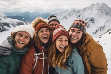 Diverse group of smiling snowboarders on snowy mountain