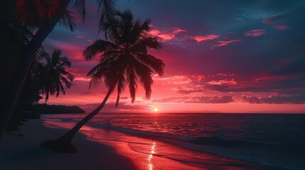 A serene sunset over a beach with palm trees, creating a tranquil atmosphere.