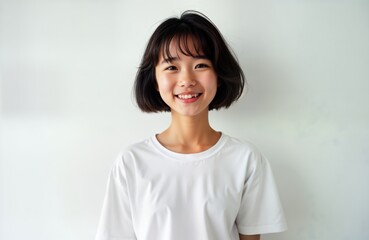 Happy Asian teenager wears white t-shirt against white backdrop. Smiling girl with short hair. Perfect for various projects like fashion magazine, lifestyle content apparel advertisement. Studio