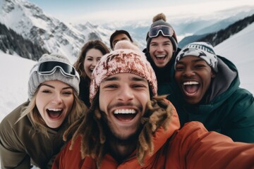 Diverse group of smiling snowboarders on snowy mountain