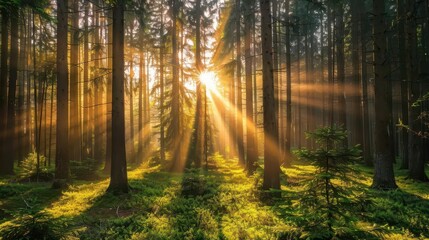 Obraz premium A serene forest scene illuminated by sun rays filtering through tall trees.