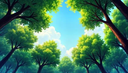 Fototapeta premium Rich green trees fill forest scene. Look up at vibrant foliage. Bright sunlight filters through treetops. Vivid blue sky provides beautiful background. Tall trees create sense of tranquility, peace.