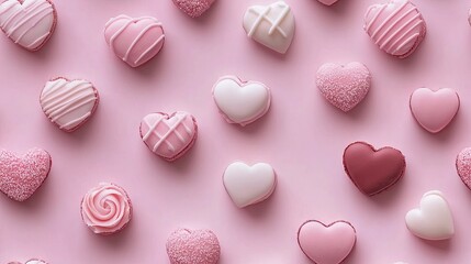 Pink heart-shaped sweets arranged on pink background; Valentine's Day treat