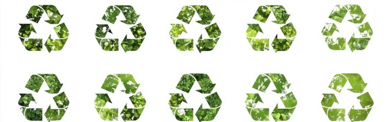 Ten Green Recycling Symbols with Leaf Texture:  Promoting Eco-Consciousness and Sustainable Practices