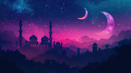 Naklejka premium Night scene, mosque silhouette, crescent moon, starry sky, desert landscape, Ramadan greeting card