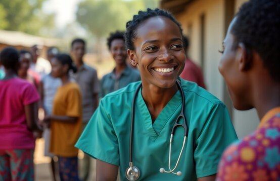Healthcare worker interacts with community members. Nurse smiles talking to person in public health setting. Community engagement in health care clinic. People happy, collaborative in rural area.