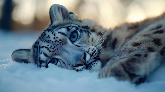 Close-up portrait of a snow leopard resting in the snow during golden hour, with vibrant blue eyes and detailed fur textures.