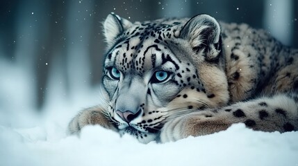 Fototapeta premium Snow leopard lying alert in a snowy environment, showcasing its piercing blue eyes and thick winter coat.