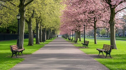 Obraz premium Serene Spring Pathway Surrounded by Vibrant Cherry Blossom Trees and Lush Greenery in a Peaceful Park Setting Ideal for Relaxation and Nature Lovers
