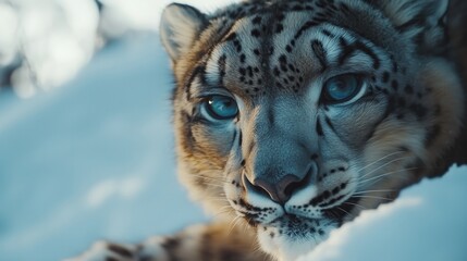 Fototapeta premium Portrait of a snow leopard lying down on snow, showcasing its distinctive spotted coat and piercing blue eyes, with a soft focus snowy background.