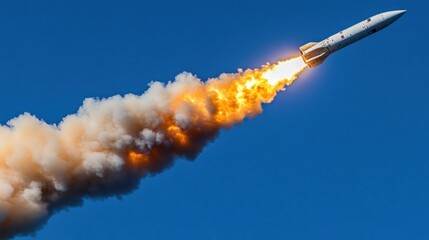 Missile launch, fiery ascent, clear sky, test flight, defense