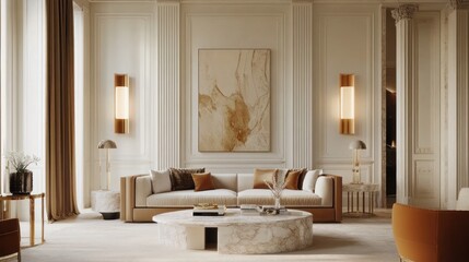 Elegant living room interior design, Parisian apartment, modern furniture, calm ambiance, home decor