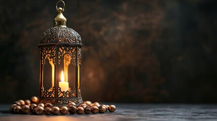 Illuminated lantern with prayer beads, dark background, Ramadan celebration, religious imagery