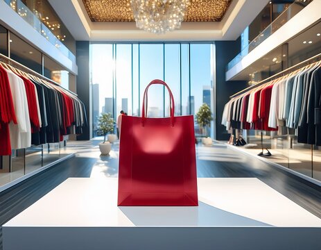 a vibrant red shopping bag stands prominently on a sleek white table in a contemporary retail store sunlight illuminates a stylish interior filled with clothing displays - Powered by Adobe