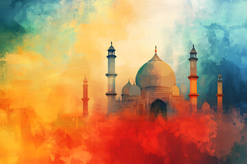 A vibrant artistic depiction of a famous architectural monument set against a colorful background.