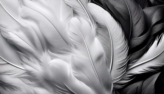 beautiful abstract white and black feathers on white background and soft white feather texture on white pattern and dark background gray feather background black banners