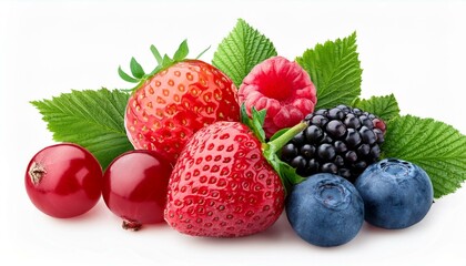 colorful close up of assorted berries with green leaves isolated on white background