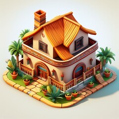 3d rendering super cute cartoon traditional mexican house hacienda isometric view isolated on white background